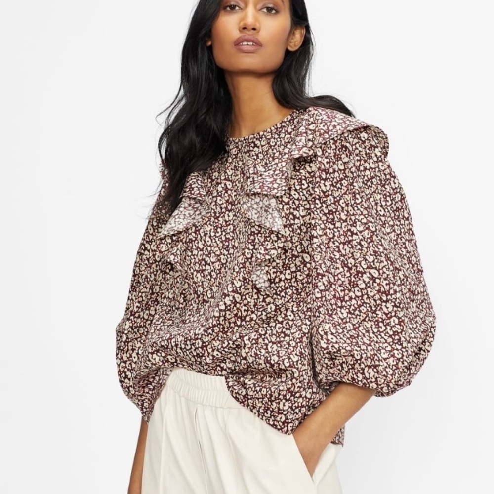 Ted Baker Sanjaa brown white floral print ruffled blouse 26450
